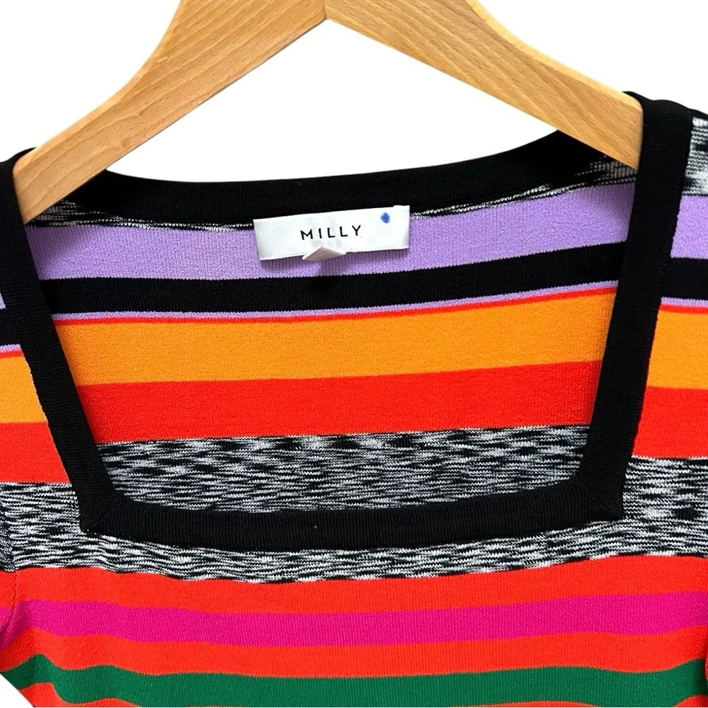 MILLY Rainbow Stripe Square Neck Knit Top ASO Ali Fisher Preppy Academia Sporty - Picture 13 of 17